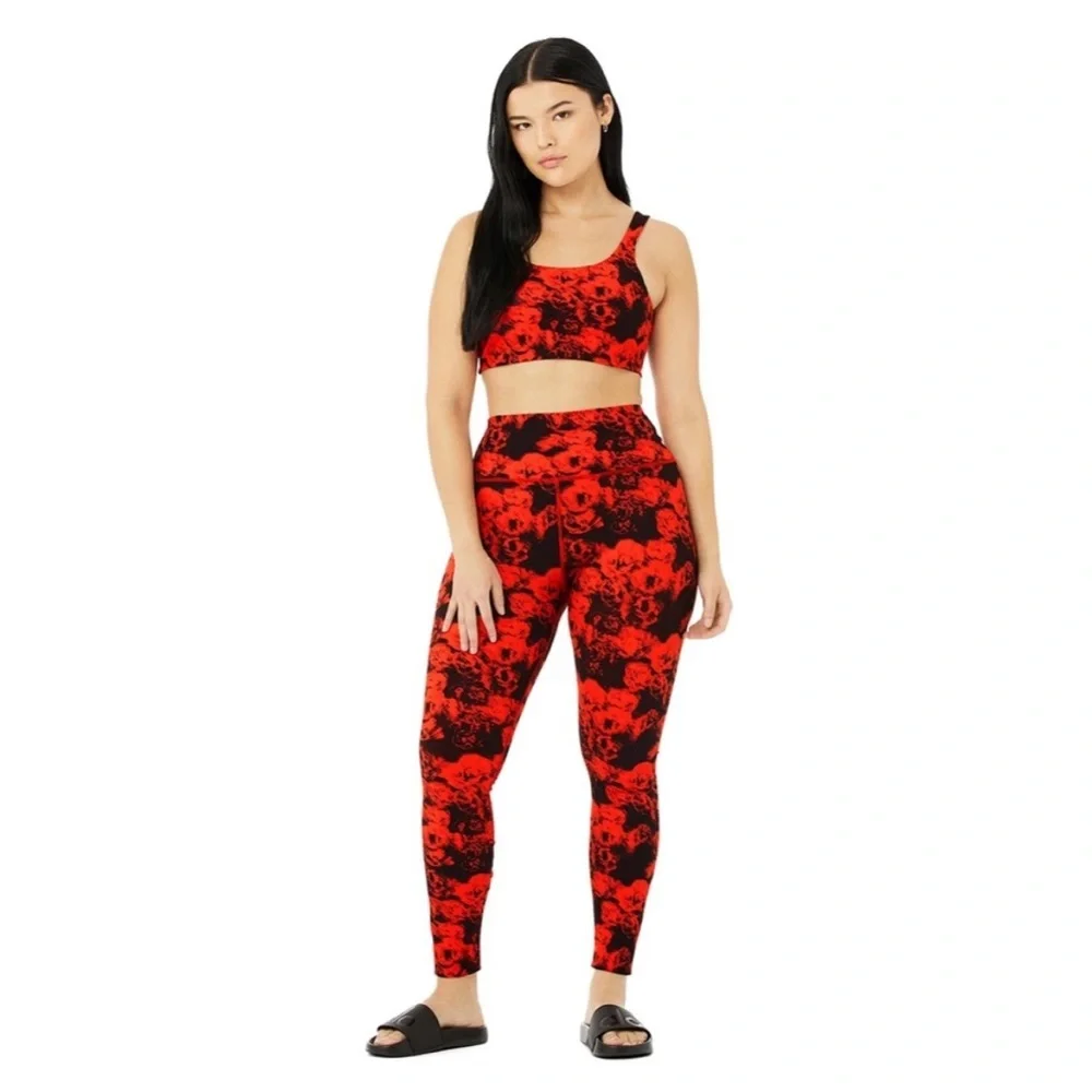 2 PIECE Alo Yoga VAPOR ROSES BRA & HIGH-WAIST ROSES LEGGING set in Cherry
